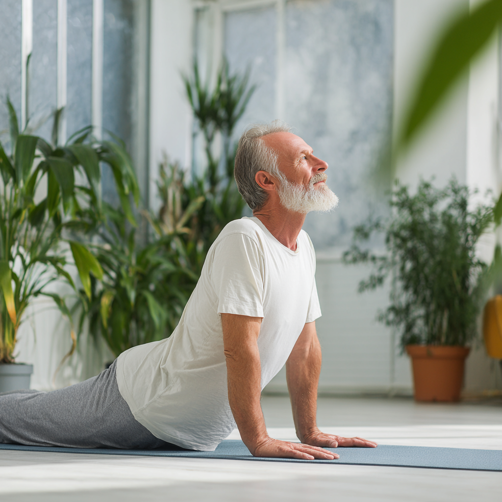 Smiling middle-aged Ukrainian woman practicing yoga in peaceful garden setting, demonstrating mindful movement and body awareness