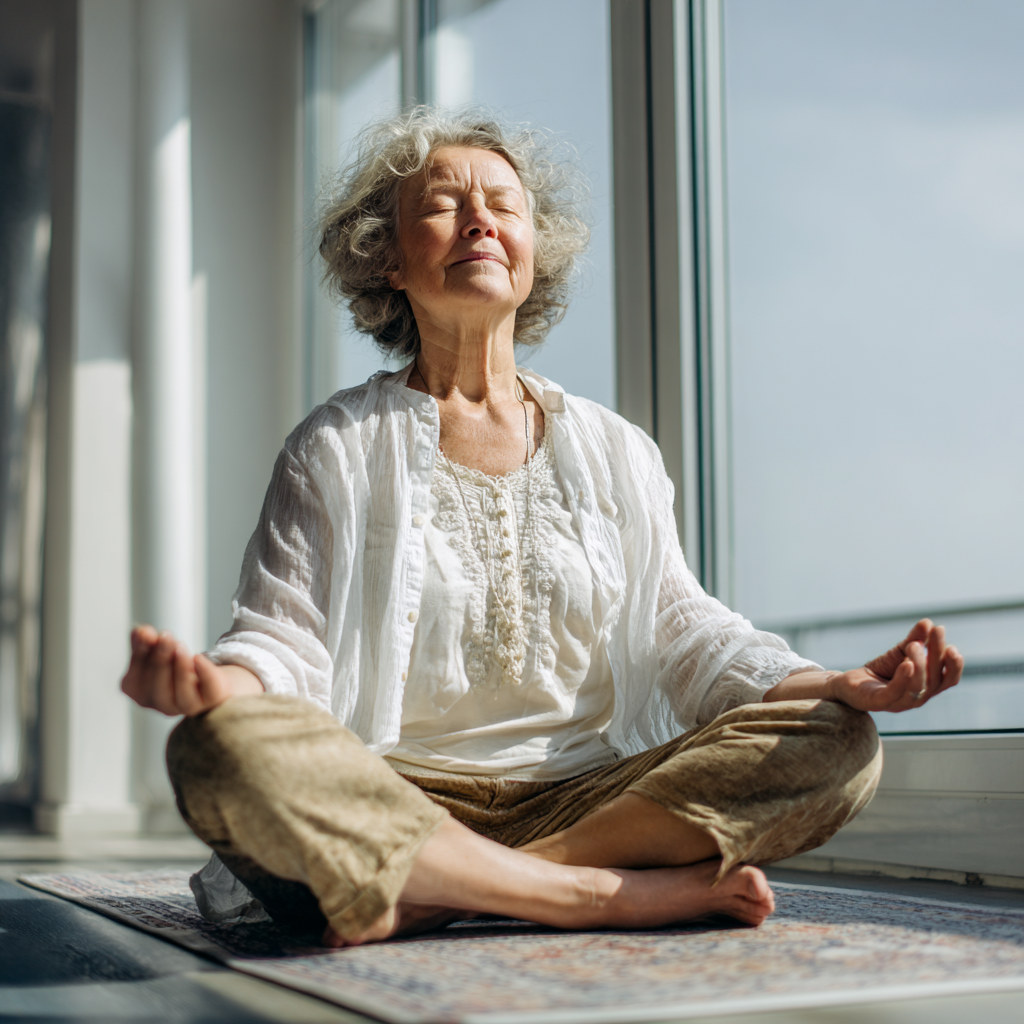 Group of diverse Ukrainian adults of different ages practicing morning yoga poses on mats in bright studio with natural sunlight