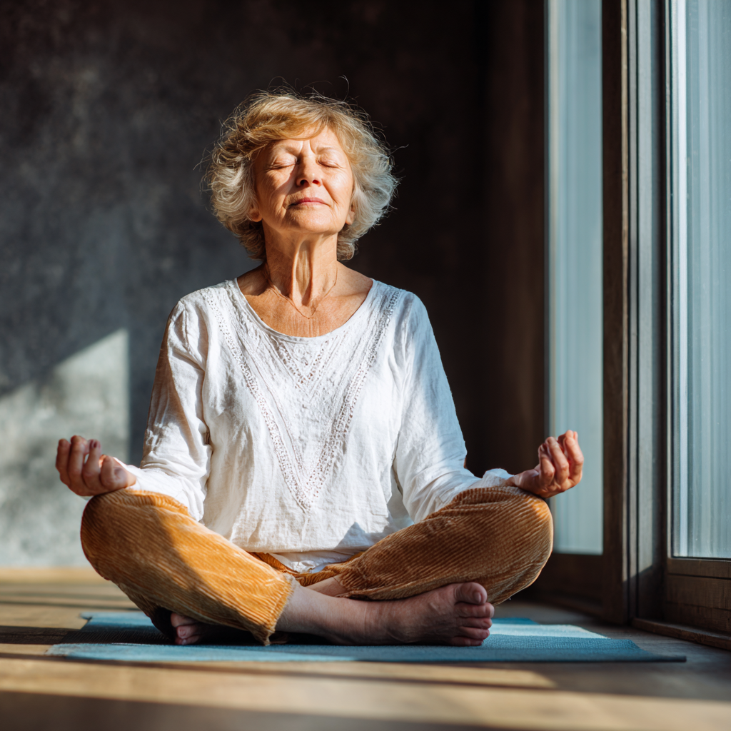 Elderly Ukrainian couple practicing partner yoga poses together outdoors, showing joy and connection through mindful movement
